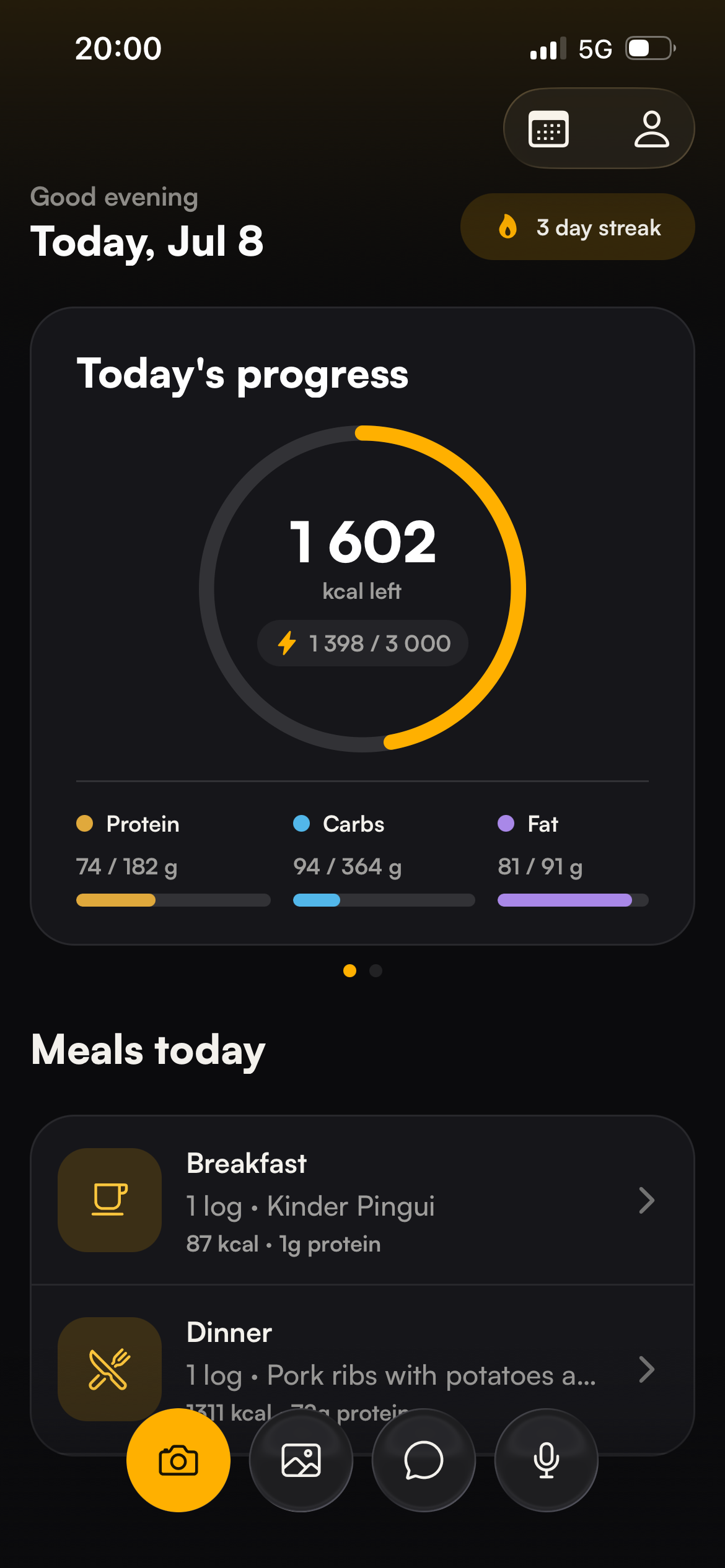 Just Ate app home screen showing today's calories, macros, and meals
